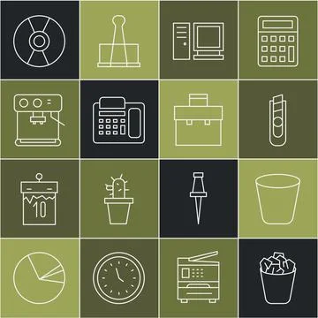 Set line Full trash can, Trash, Stationery knife, Computer monitor, Telephone Stock-Illustration