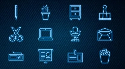 Set line Full trash can, Envelope, Drawer with documents, Laptop, Scissors, P Stock Illustration