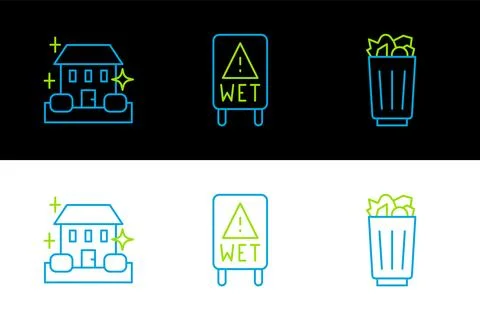 Set line Full trash can, Home cleaning service and Wet floor icon. Vector Ilustración de archivo