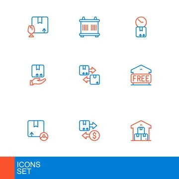 Set line Full warehouse, Tax cardboard box, Carton, Free storage, Delivery .. Stock Illustration