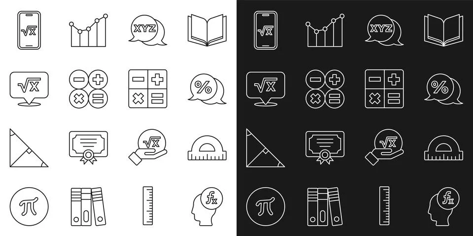 Set line Function mathematical symbol, Protractor, Discount percent tag, XYZ Illustrazione stock