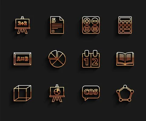 Set line Function mathematical symbol, XYZ Coordinate system, Calculator, Tablet Illustrazione stock