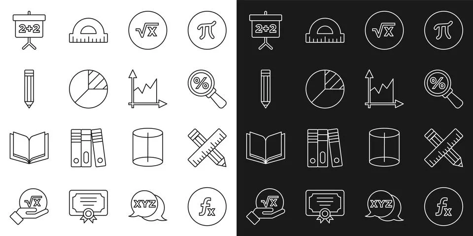 Set line Function mathematical symbol, Magnifying glass with percent, Square Stockillustratie