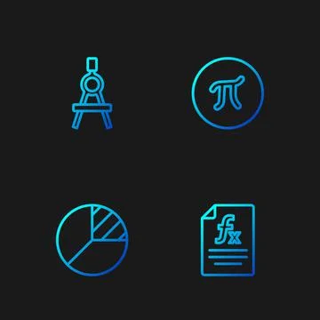 Set line Function mathematical symbol, Pie chart infographic, Drawing compass Stock Illustration