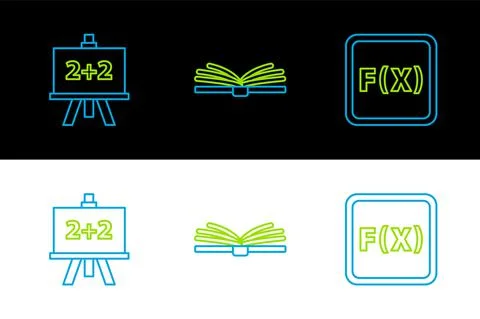 Set line Function mathematical symbol, Chalkboard and Open book icon. Vector Stock Illustration