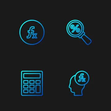 Set line Function mathematical symbol, Calculator,  and Magnifying glass with Stock Illustration