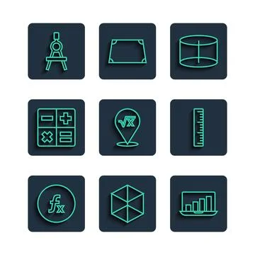 Set line Function mathematical symbol, Geometric figure Cube, Laptop with graph Stock Illustration