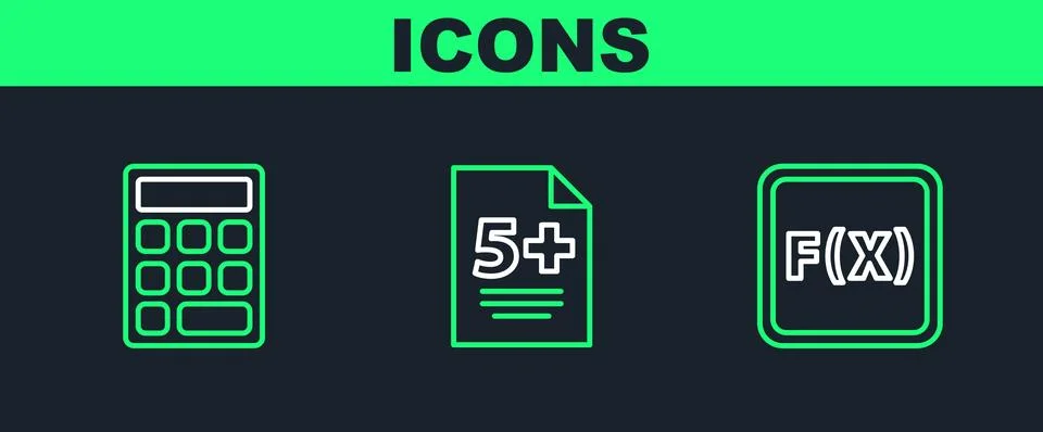 Set line Function mathematical symbol, Calculator and Test exam sheet icon Stock Illustration