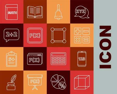 Set line Function mathematical symbol, Book with word mathematics, Feather and Illustrazione stock