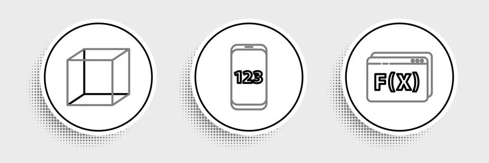 Set line Function mathematical symbol, Geometric figure Cube and Mobile cal.. Stock Illustration