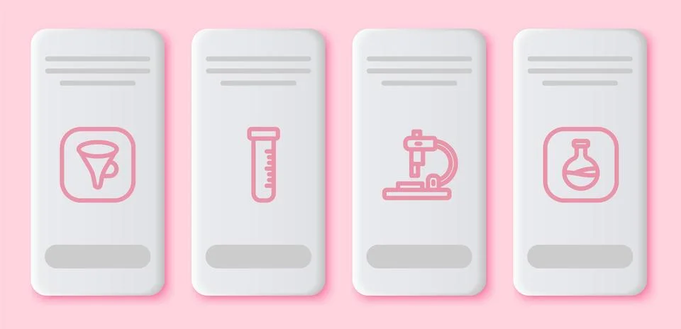 Set line Funnel or filter, Test tube and flask, Microscope and . White rectangle Stock Illustration