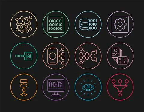 Set line Funnel or filter, Artificial intelligence robot, Binary code, Neural Stock Illustration