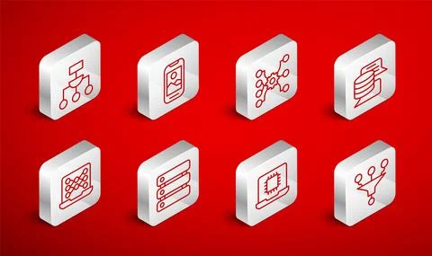 Set line Funnel or filter, Mobile phone, Neural network, Server, Data, Processor 스톡 일러스트