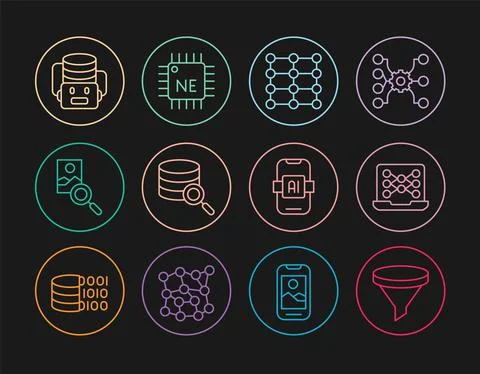 Set line Funnel or filter, Neural network, Server, Photo retouching, Artificial Stock Illustration