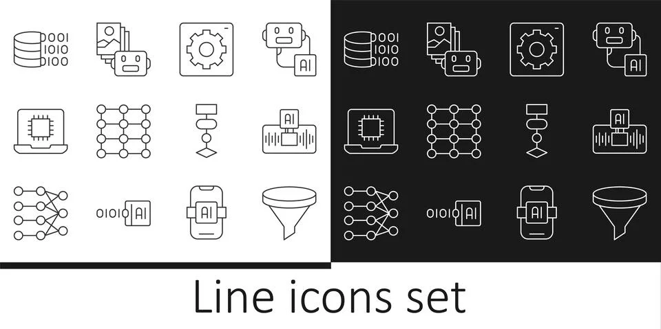 Set line Funnel or filter, Artificial intelligence AI, Computer api interface Stock Illustration