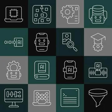 Set line Funnel or filter, Artificial intelligence AI, Graduation cap, Neural Stock Illustration