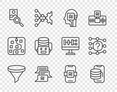 Set line Funnel or filter, Cloud technology data transfer, Humanoid robot, Chat 스톡 일러스트