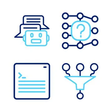 Set line Funnel or filter, Web developer programming code, Neural network and 스톡 일러스트