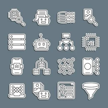 Set line Funnel or filter, Neural network, Processor CPU, Binary code Stock Illustration