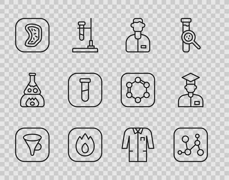 Set line Funnel or filter, Chemical formula, Laboratory assistant, Fire flame Ilustração Stock