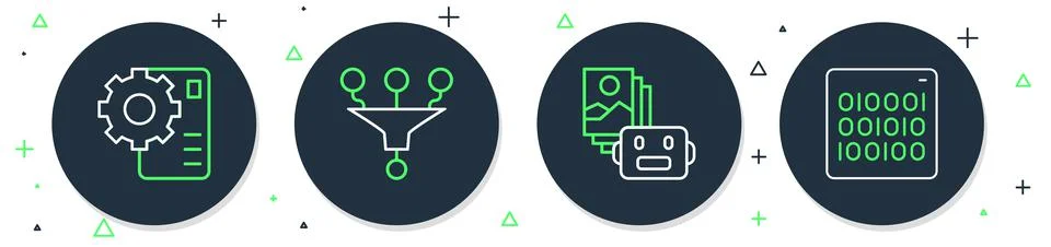 Set line Funnel or filter, Artificial intelligence robot, Neural network and Stock Illustration