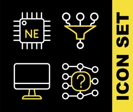 Set line Funnel or filter, Neural network, Computer monitor and Processor CPU Stockillustratie