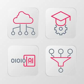 Set line Funnel or filter, Binary code, Graduation cap and Network cloud conn イラスト素材