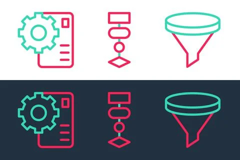 Set line Funnel or filter, Neural network and Algorithm icon. Vector Stock Illustration