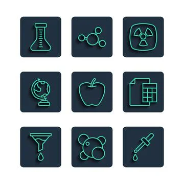 Set line Funnel or filter, Molecule, Pipette, Radioactive, Apple, Earth globe Stock Illustration