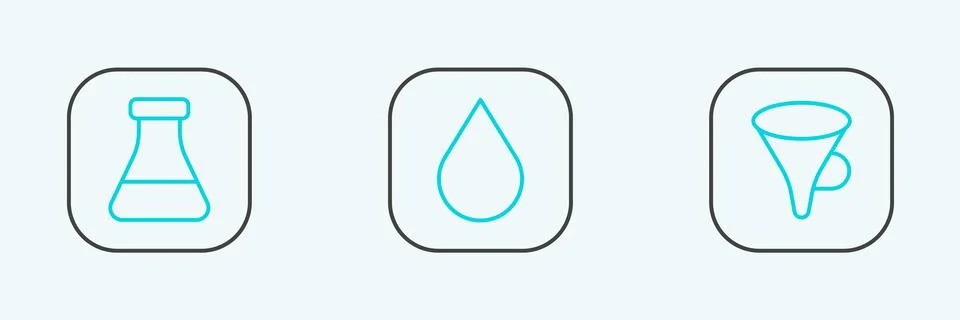 Set line Funnel or filter, Test tube and flask and Water drop icon. Vector Illustrazione stock