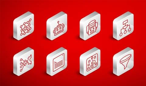 Set line Funnel or filter, Artificial intelligence robot, Algorithm, Neural Stock Illustration