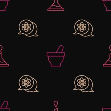 Set line Funnel or filter, Atom and Mortar and pestle on seamless pattern Illustrazione stock