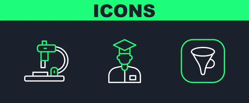 Set line Funnel or filter, Microscope and Laboratory assistant icon. Vector 스톡 일러스트