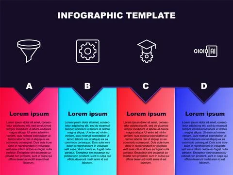 Set line Funnel or filter, Computer api interface, Graduation cap and Binary Illustrazione stock