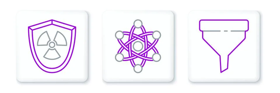 Set line Funnel or filter, Radioactive in shield and Atom icon. Vector Stock Illustration