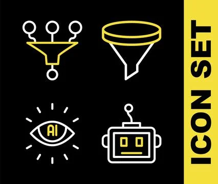 Set line Funnel or filter, Artificial intelligence robot, AI and  icon. Vecto Stock Illustration