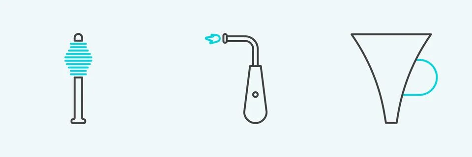 Set line Funnel or filter, Honey dipper stick and Long electric lighter ico.. Stock Illustration