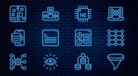Set line Funnel or filter, Neural network, Processor CPU, Web developer pro.. 스톡 일러스트