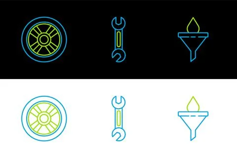 Set line Funnel or filter and motor oil drop, Car wheel and Wrench icon. Vect Ilustração Stock