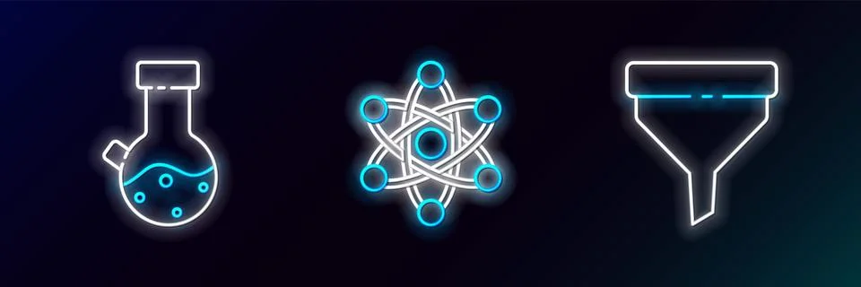 Set line Funnel or filter, Test tube and flask chemical and Atom icon. Glow.. Illustrazione stock