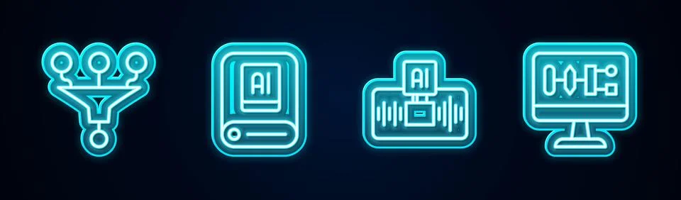 Set line Funnel or filter, Artificial intelligence AI,  and Algorithm. Glow.. Stock-Illustration
