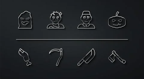 Set line Funny and scary ghost mask Zombie finger Pumpkin Knife Scythe Wooden Stock Illustration