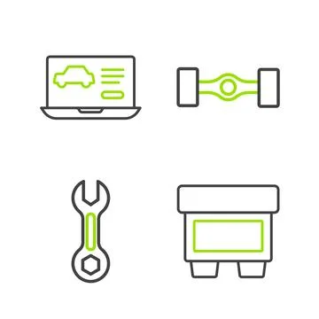 Set line Fuse, Wrench spanner, Chassis car and Diagnostics condition of icon Illustrazione stock