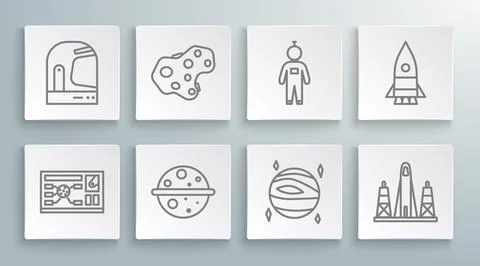 Set line Futuristic hud interface, Asteroid, Planet Venus, Rocket launch fr.. Illustrazione stock