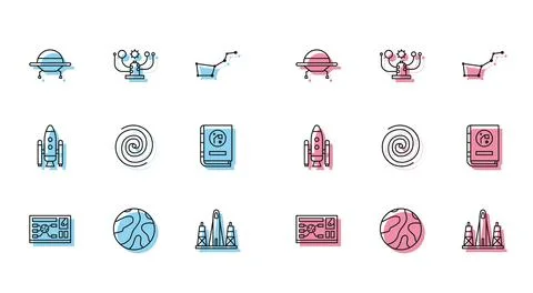 Set line Futuristic hud interface, Falling stars, UFO flying spaceship, Roc.. Stock Illustration