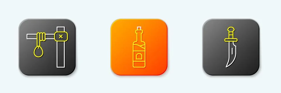 Set line Gallows, Bottle of wine and Dagger icon. Vector Stock Illustration