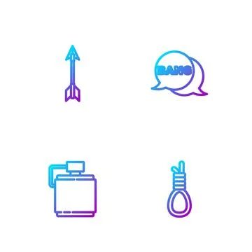 Set line Gallows rope loop hanging, Canteen water bottle, Crossed arrows and Stock Illustration