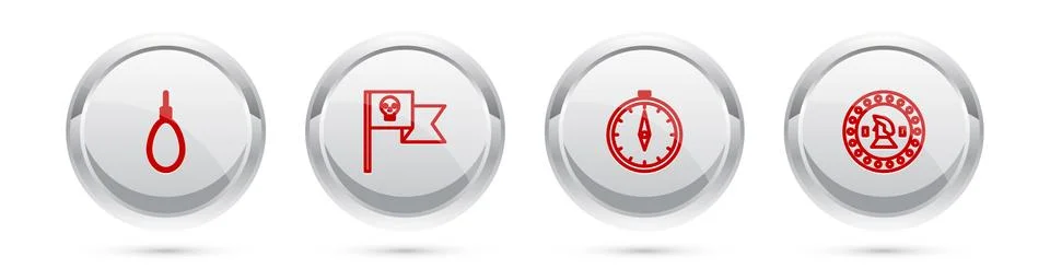 Set line Gallows rope loop hanging, Pirate flag with skull, Compass and coin Illustrazione stock