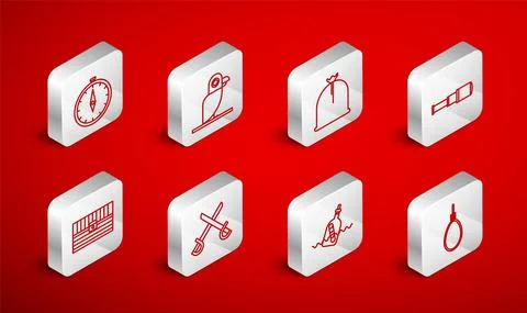 Set line Gallows rope loop hanging, Pirate parrot, sack, Spyglass telescope lens Illustrazione stock