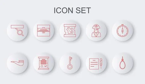 Set line Gallows rope loop hanging, Smoking pipe, Pirate treasure map, Feather Stock Illustration